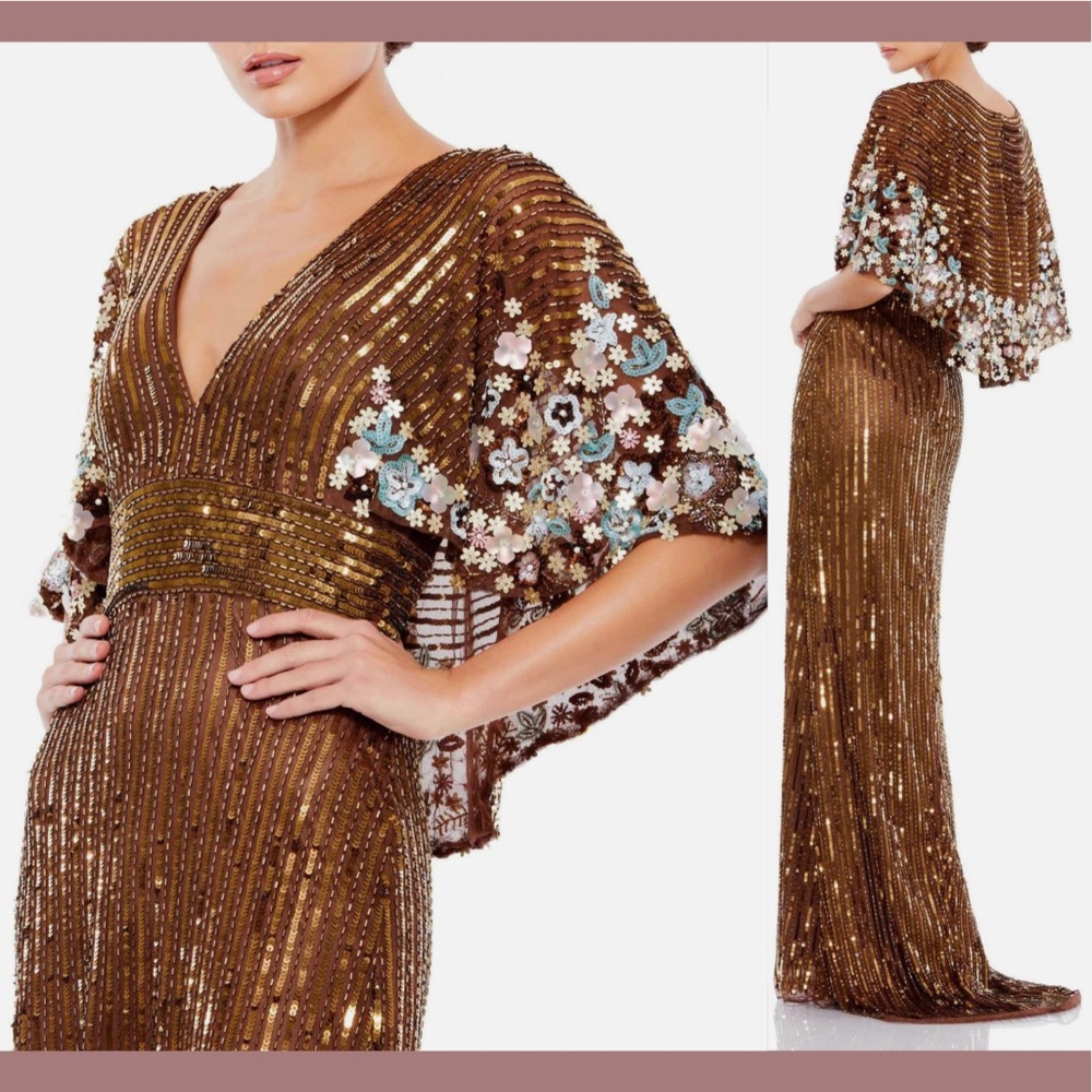 NWT $598 Mac Duggal [ 18‎ ] Sequined Floral Embellished Cape Sleeve Gown Brown